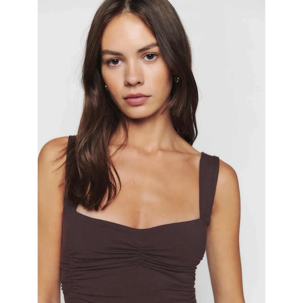 Reformation Suvi Knit Sweetheart Neckline Ruched Stretch Jersey Brown Midi Dress - Picture 9 of 13